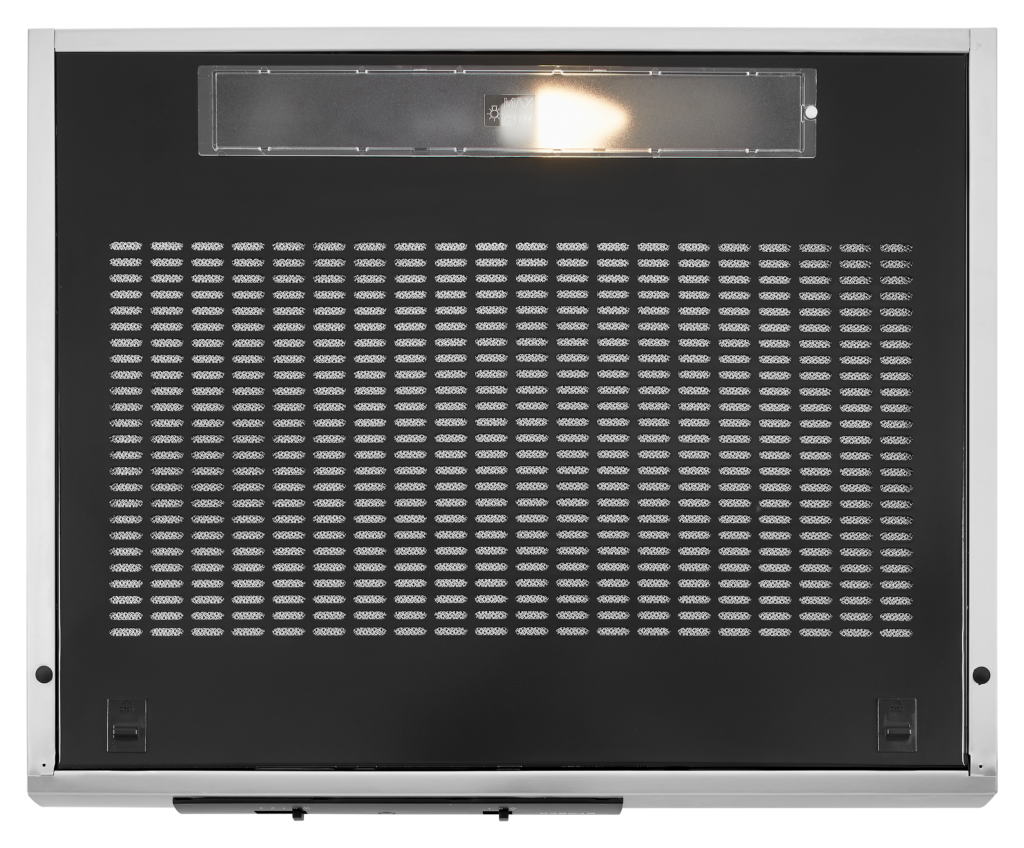 A silver and black range hood with light, mesh filter, and two control panels.