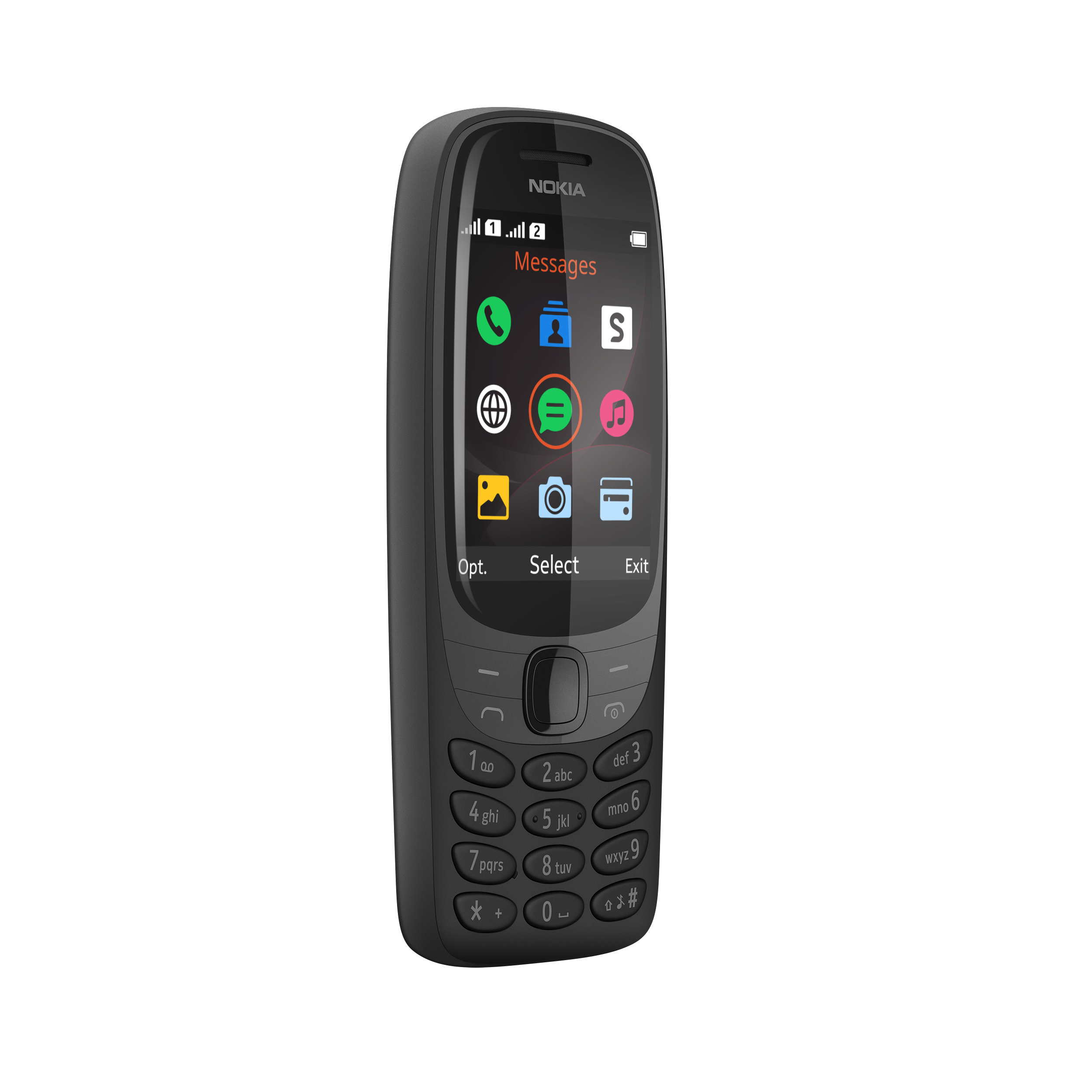Ein schwarzes Nokia-Telefon mit einem Display, das App-Symbole zeigt.