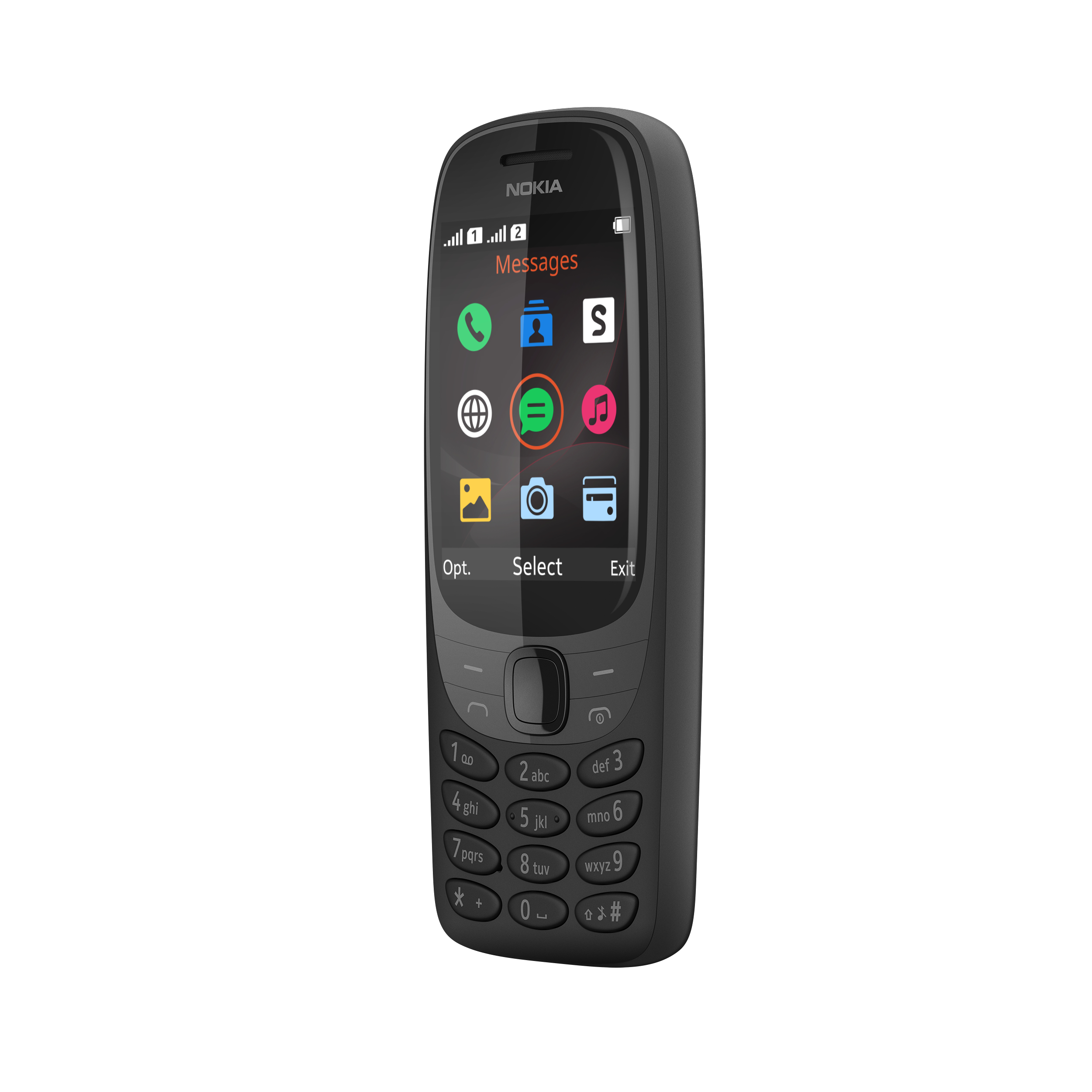 Schwarzes Nokia-Handy mit Oberfläche-Symbolen. Knöpfe und Bildschirm sichtbar.