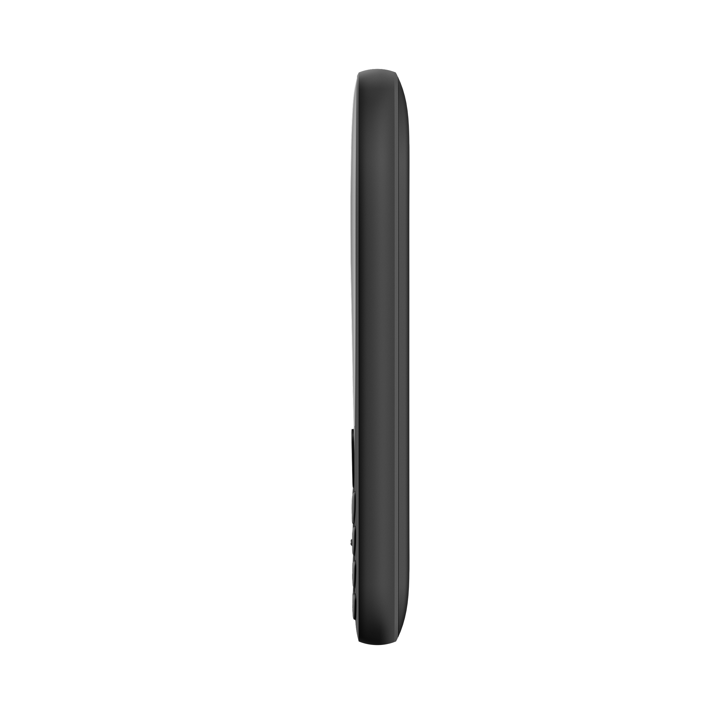 Ein schwarzes, dünnes Telefon, Seitenansicht, vor weißem Hintergrund.