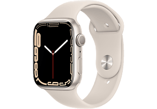 APPLE Watch Series 7 (GPS) 45 mm - Montre intelligente (Regular 140–210 mm, Fluoroélastomère de haute qualité, Lumière stellaire/Lumière stellaire)