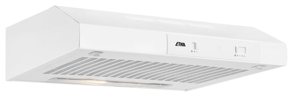 A white range hood with control buttons and a grill, on a black background.