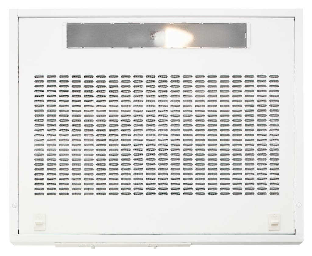 A white range hood vent with a metal grate. It has a light and two switches.