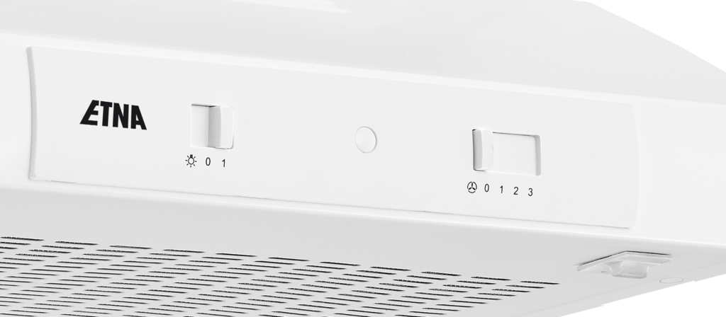 Close-up of an Etna range hood control panel with switches and lights.