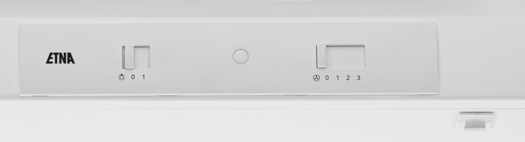 White control panel for a kitchen hood with two switches and a button.