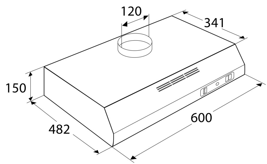 Line drawing of a kitchen hood with dimensions in millimeters. The hood is white.