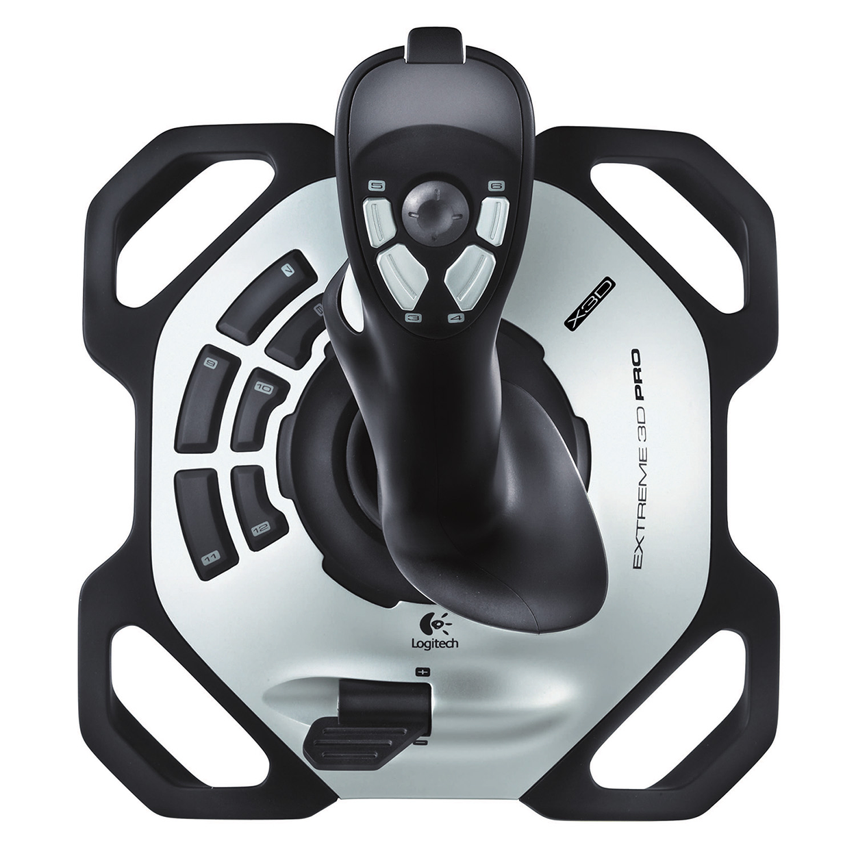 Zwarte en zilveren Logitech Extreme 3D Pro joystick met knoppen.