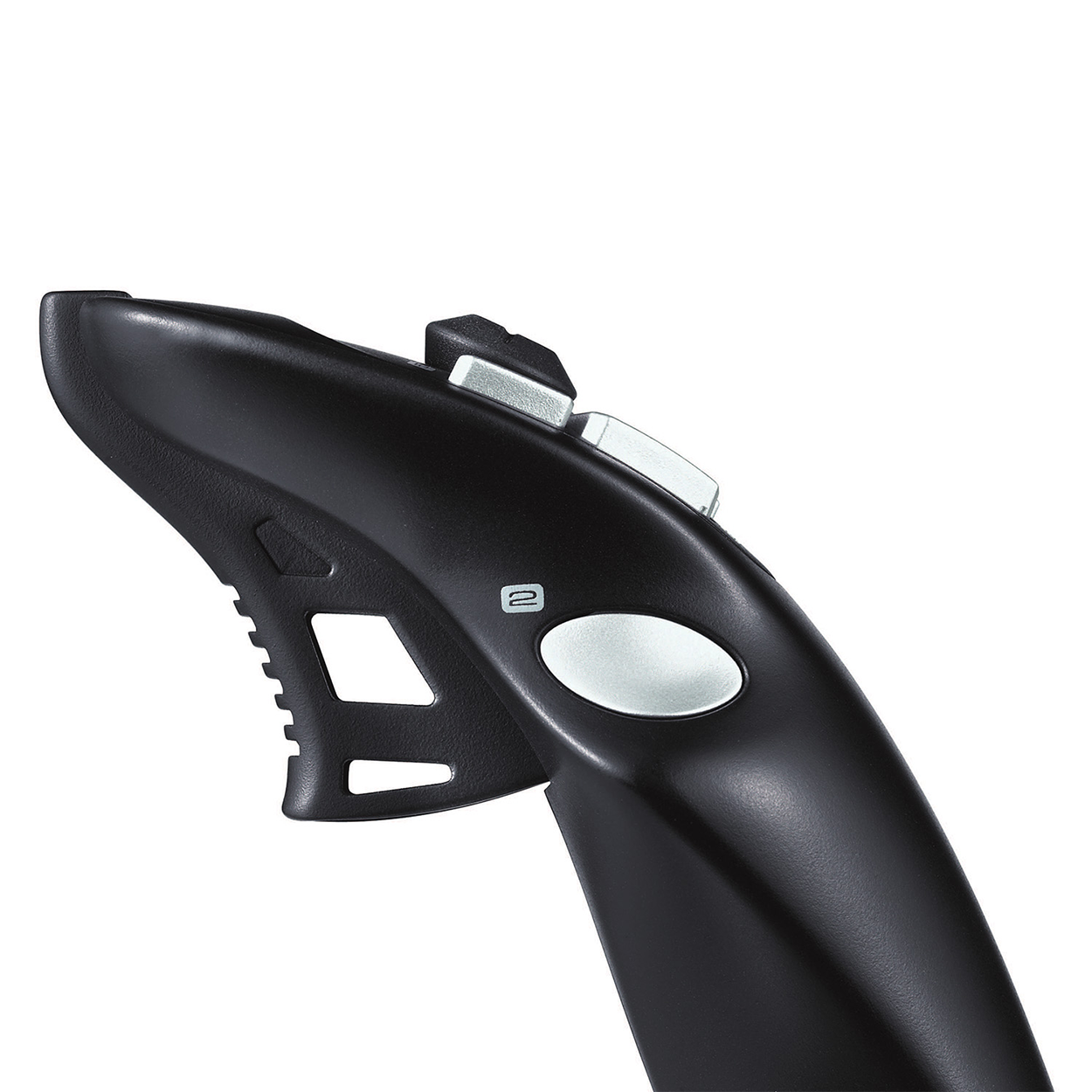 Zwarte joystick controller, met een zilveren knop en een klein '2' symbool.