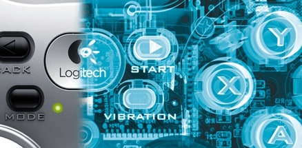 Halve afbeelding met Logitech-controller. Knoppen zijn Back, Mode, Start, Y, X, A, vibratie. Blauwe printplaat achtergrond.