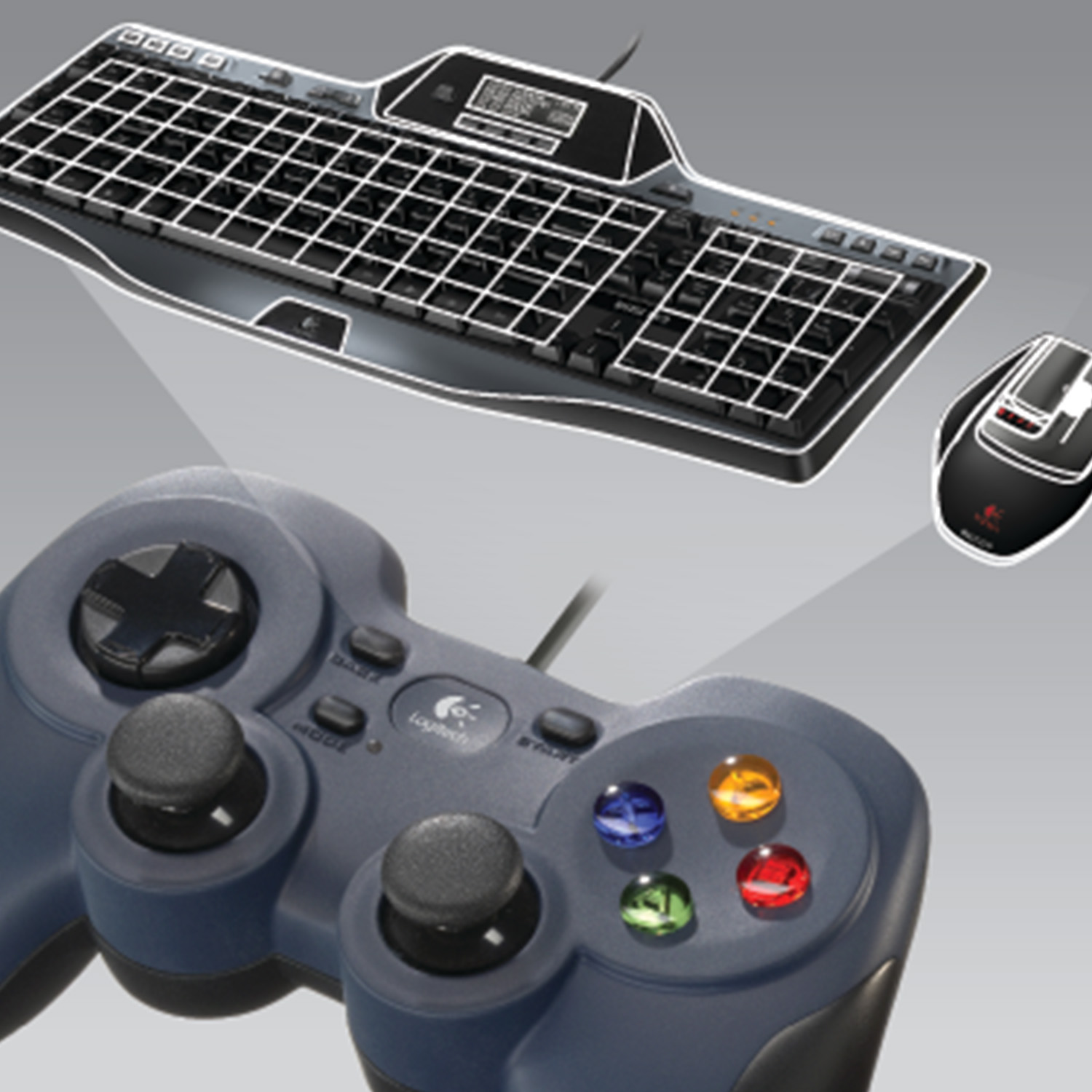 Image shows a keyboard, mouse, and controller, with a gray background.