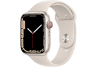 APPLE Watch Series 7 (GPS + Cellular) 45 mm - Montre intelligente (Regular 140–210 mm, Fluoroélastomère de haute qualité, Lumière stellaire/Lumière stellaire)