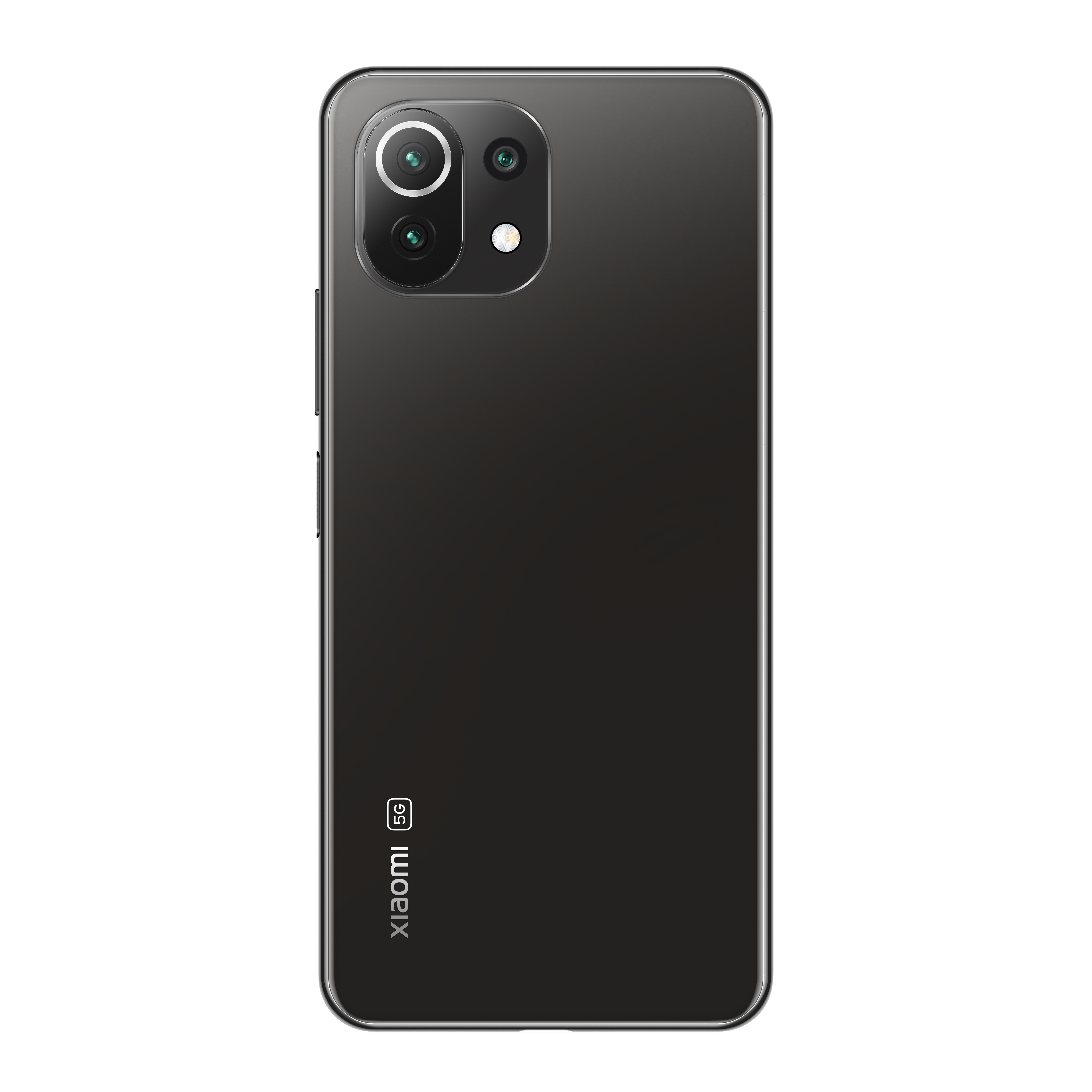 Schwarzes Xiaomi 5G-Telefon, Rückansicht. Drei Kameras sind sichtbar.