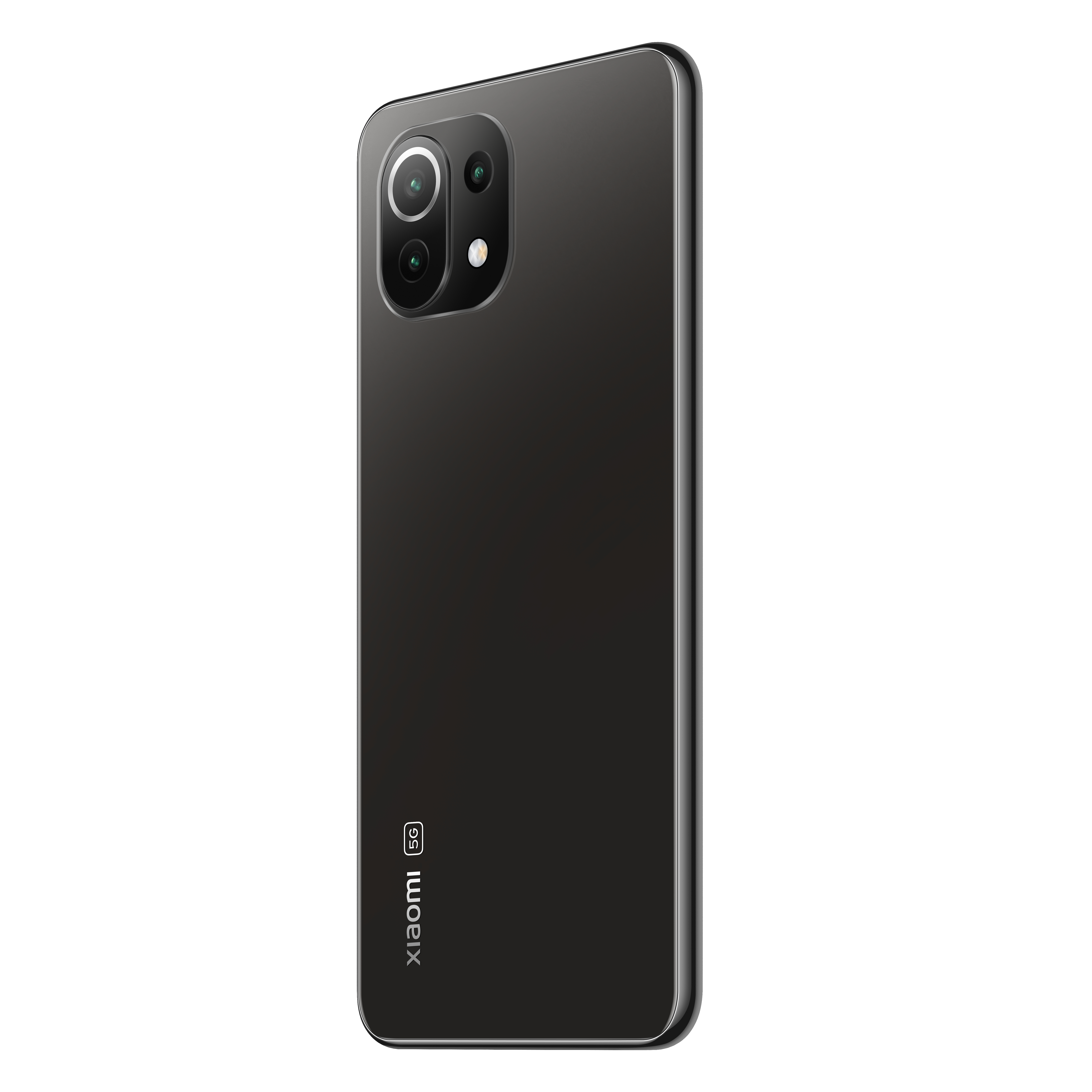 Ein schwarzes Xiaomi 5G-Smartphone, von hinten betrachtet, auf weißem Hintergrund.