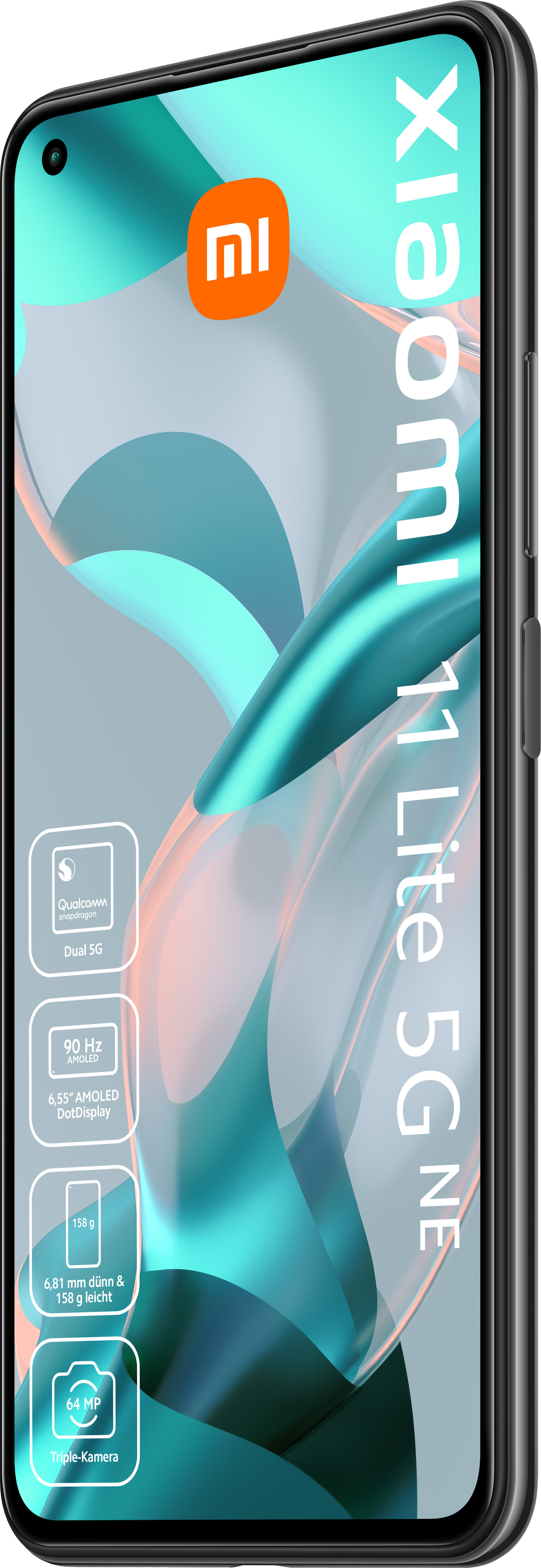 Xiaomi 11 Lite 5G NE Smartphone. Schwarzer Rahmen, türkisfarbener Hintergrund und angezeigte Funktionen.