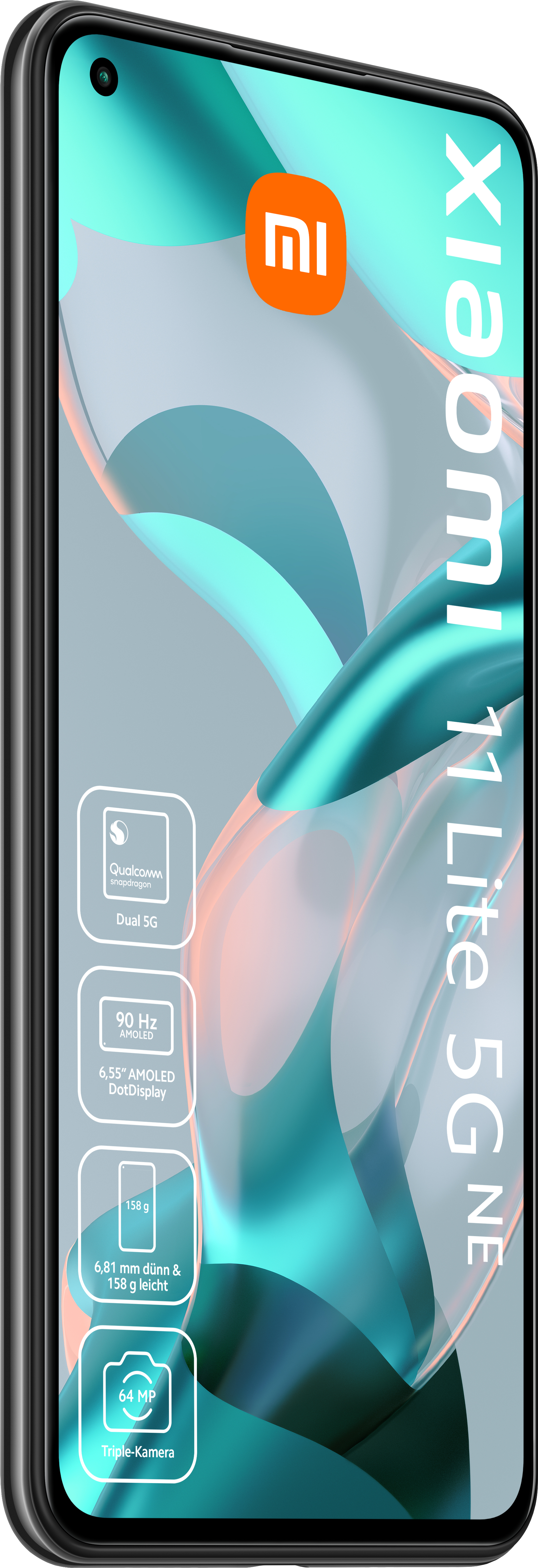 Schwarzes Smartphone mit großem Bildschirm. Funktionen: 5G, 90 Hz, 64MP Kamera.