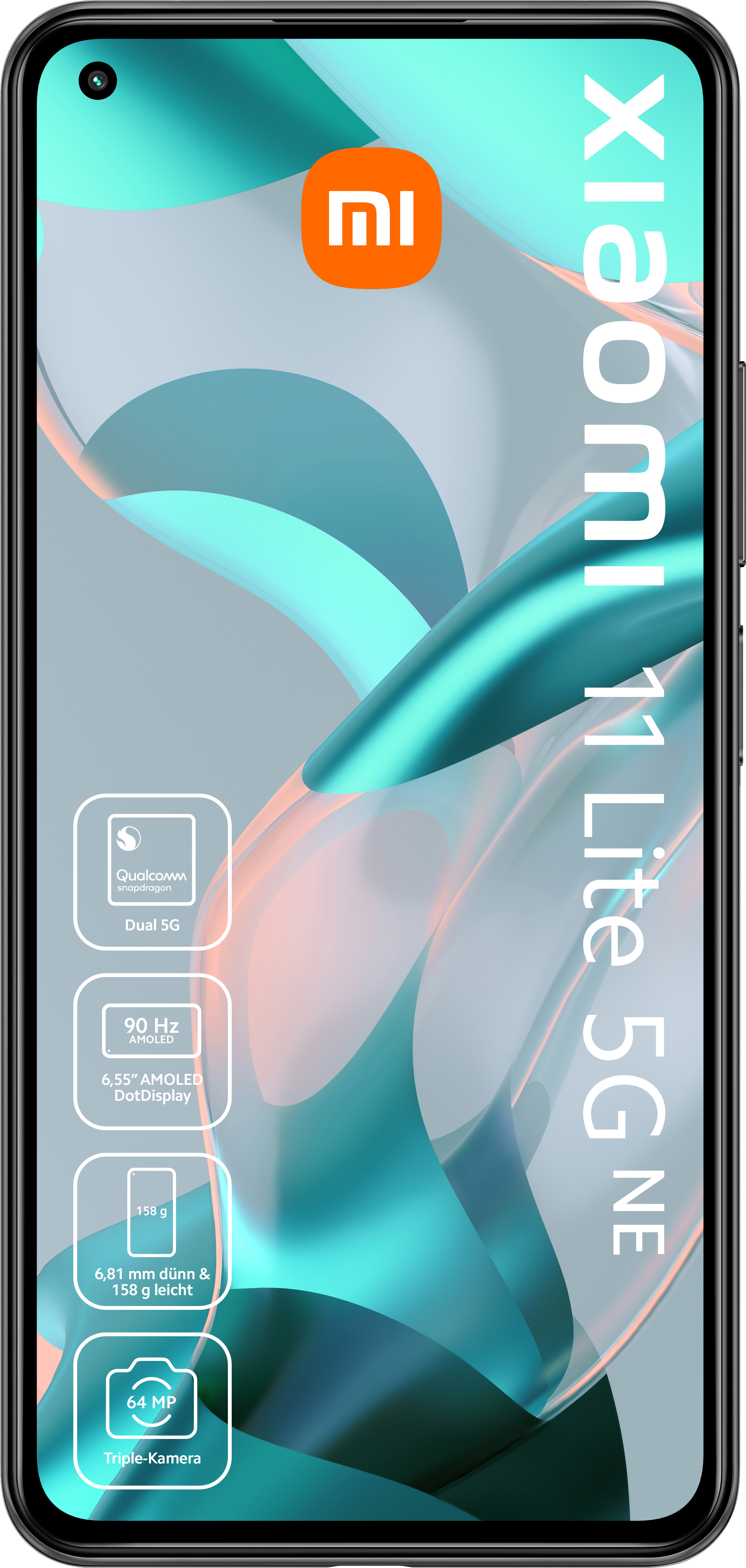 Xiaomi 11 Lite 5G NE Smartphone. Es hat einen Bildschirm mit Funktionen und dem Markenlogo.