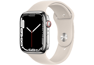 APPLE Watch Series 7 (GPS + Cellular) 45 mm - Smartwatch (Regular 140–210 mm, Hochleistungs-Fluorelastomer, Silber/Polarstern)