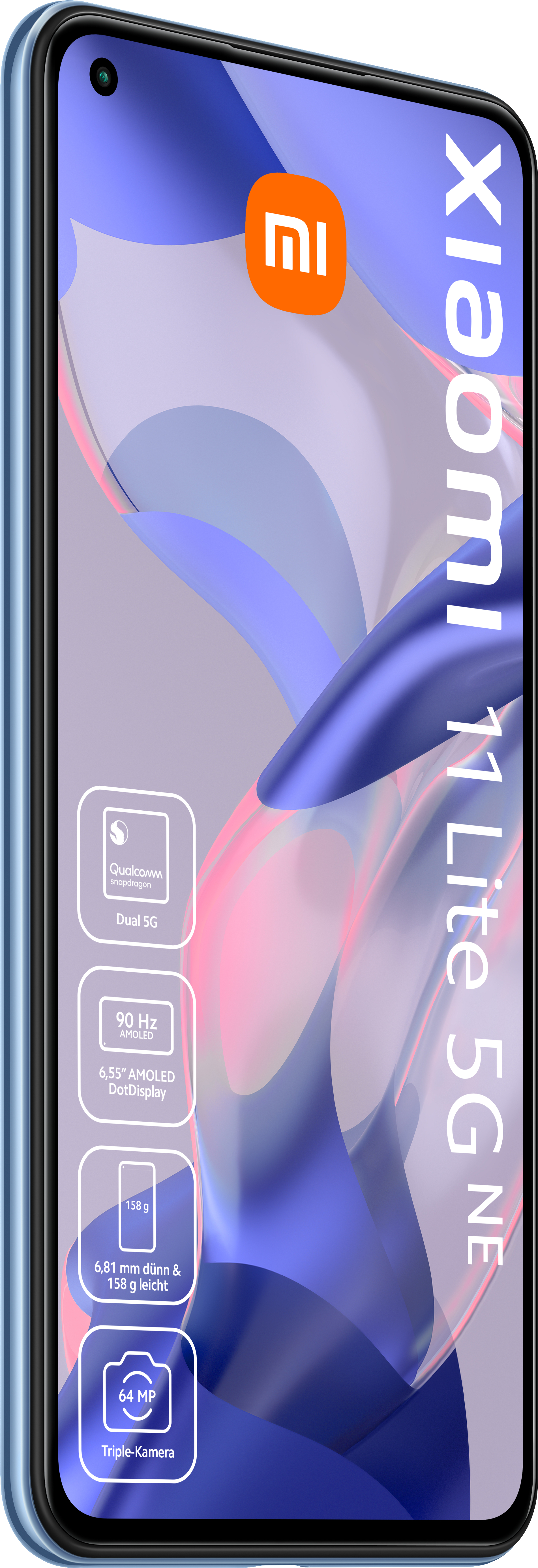 Blaues Xiaomi-Telefon. Hat einen Bildschirm mit Symbolen und Funktionen, die an der Seite aufgeführt sind.