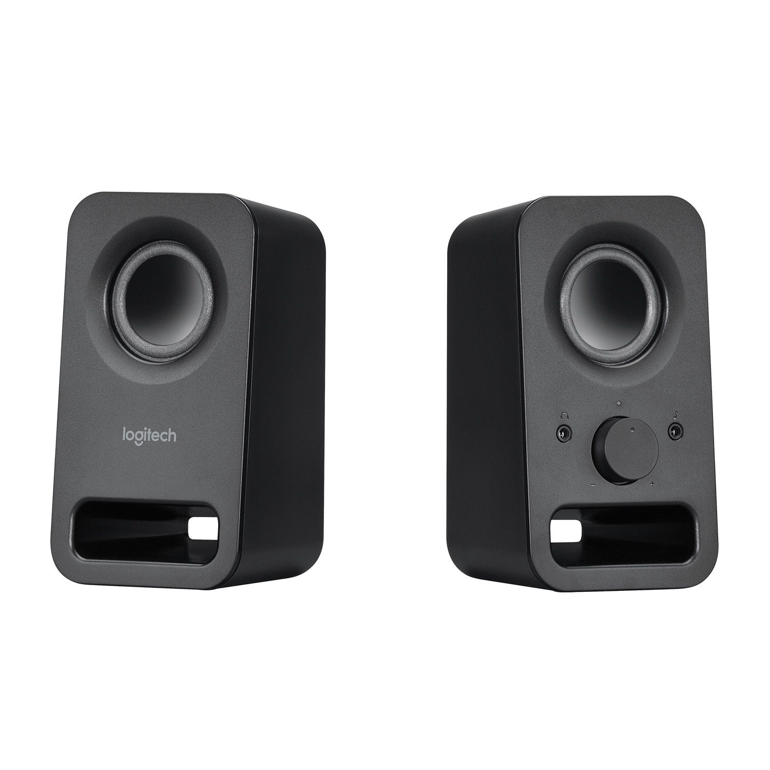 Twee zwarte Logitech-luidsprekers op een witte achtergrond. Eén luidspreker heeft volumeregelaars.