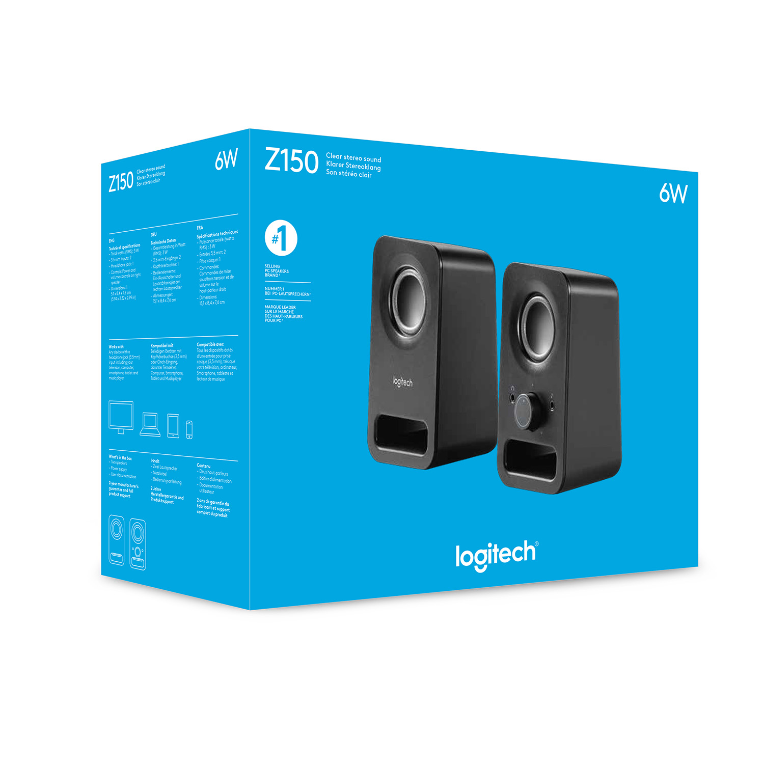 Blauwe doos met zwarte Logitech-luidsprekers. Tekst en pictogrammen staan op de doos.