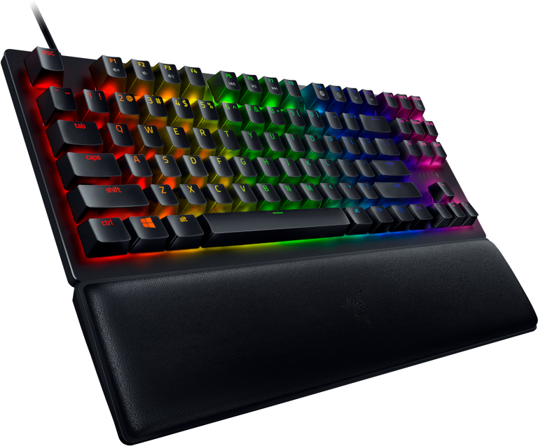 Schwarze Gaming-Tastatur mit Regenbogen-Tasten und Handgelenkauflage.