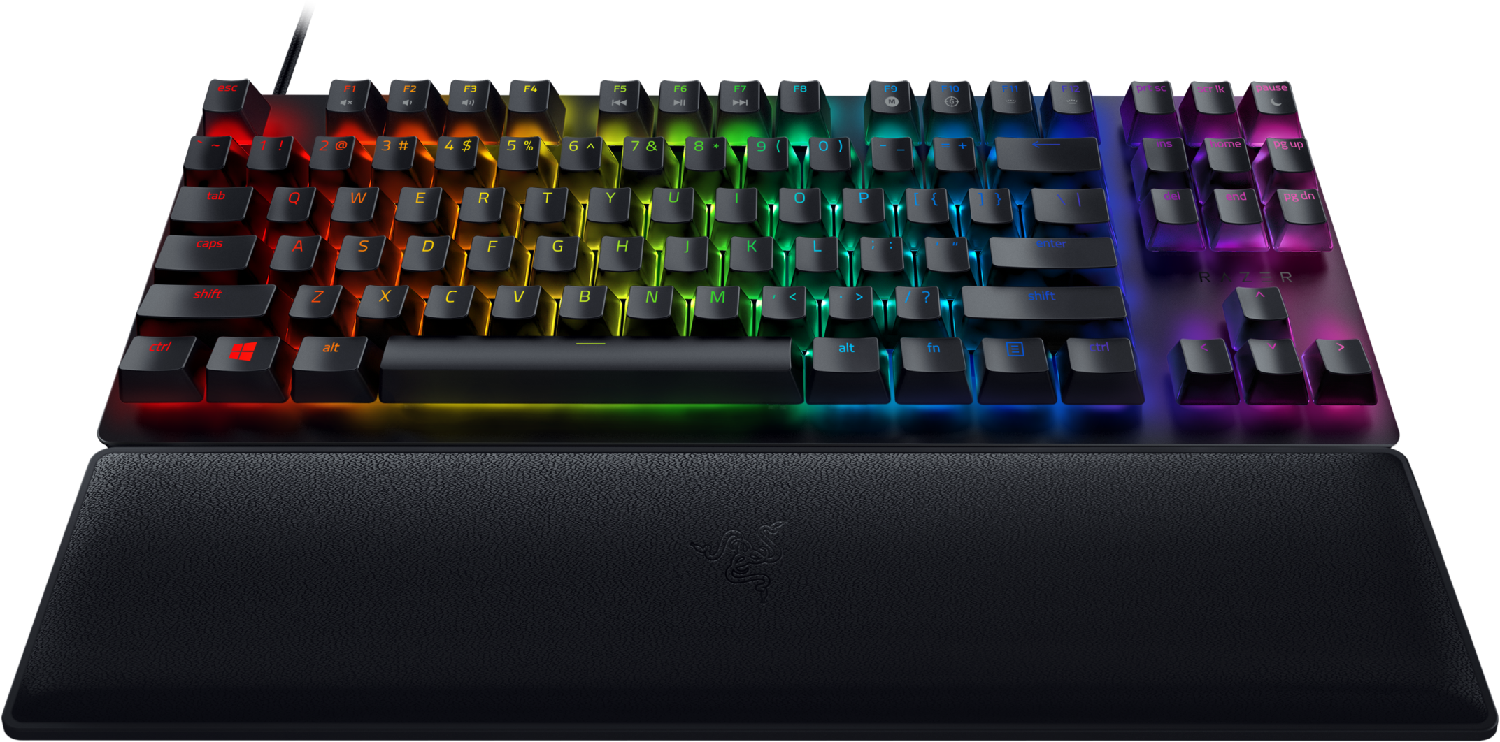 Eine hintergrundbeleuchtete Gaming-Tastatur mit Regenbogenfarben, die Tasten und Handgelenkauflage zeigt.