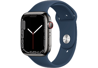 APPLE Watch Series 7 (GPS + Cellular) 45 mm - Montre intelligente (Regular 140–210 mm, Fluoroélastomère de haute qualité, Graphite/Bleu abysse)