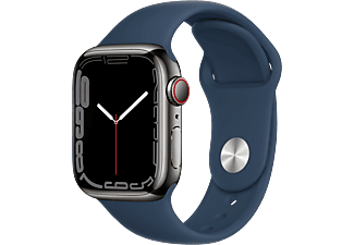 APPLE Watch Series 7 (GPS + Cellular) 41 mm - Montre intelligente (Regular 130–200 mm, Fluoroélastomère de haute qualité, Graphite/Bleu abysse)