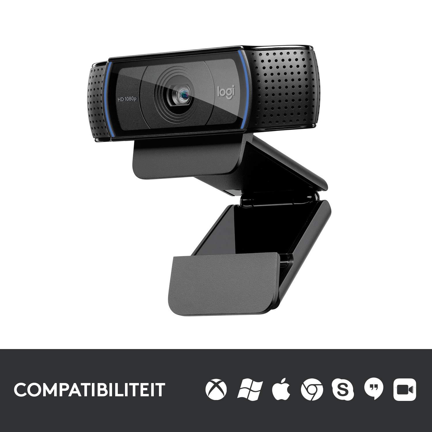 Logitech webcam met een zwarte behuizing en blauwe accenten. Hij staat op een standaard.