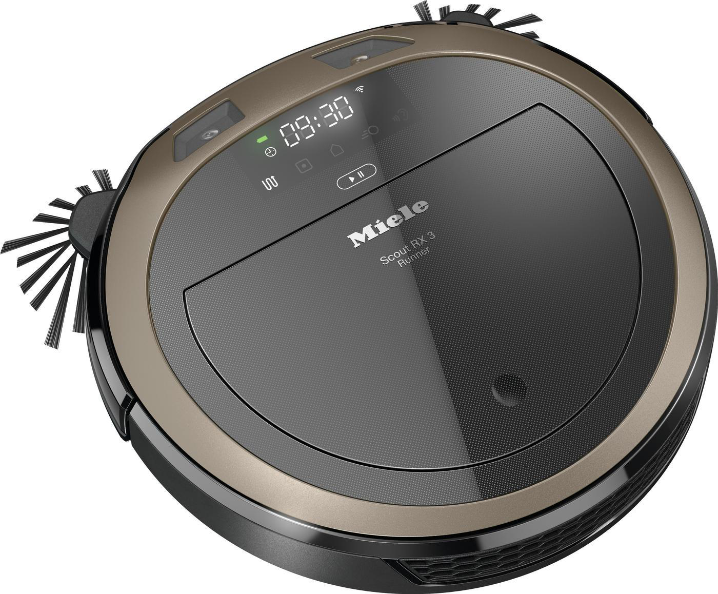Roboter-Staubsauger, Draufsicht. Braun und Schwarz, mit Digitalanzeige. Text 'Miele Scout RX 3 Runner'.