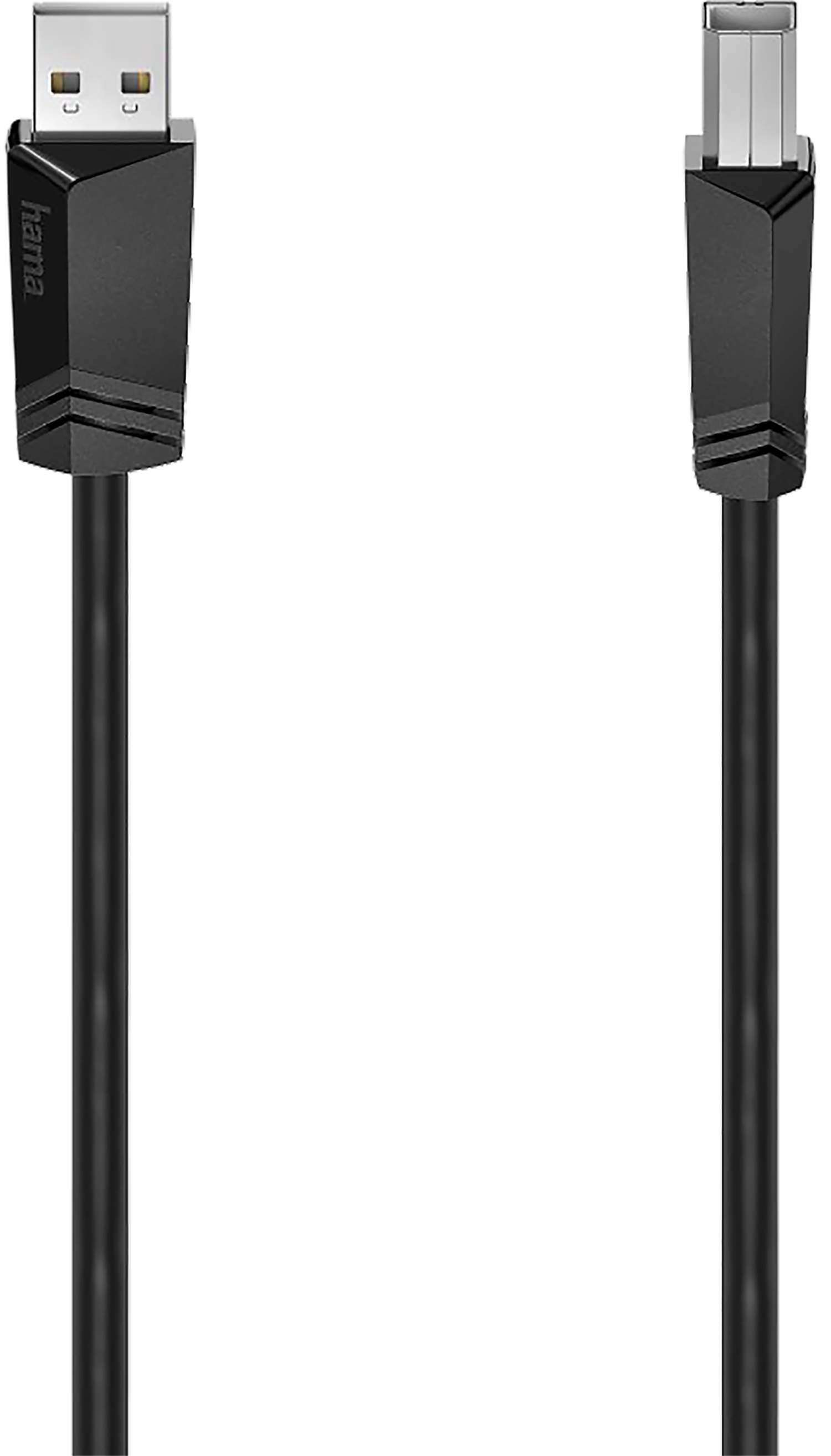 Zwarte USB-kabel met twee connectoren, frontaal gezien, tegen een zwarte achtergrond.