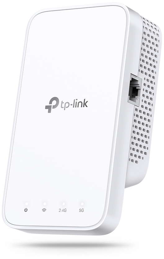 Weißer tp-link WLAN-Extender mit Kontrollleuchten.