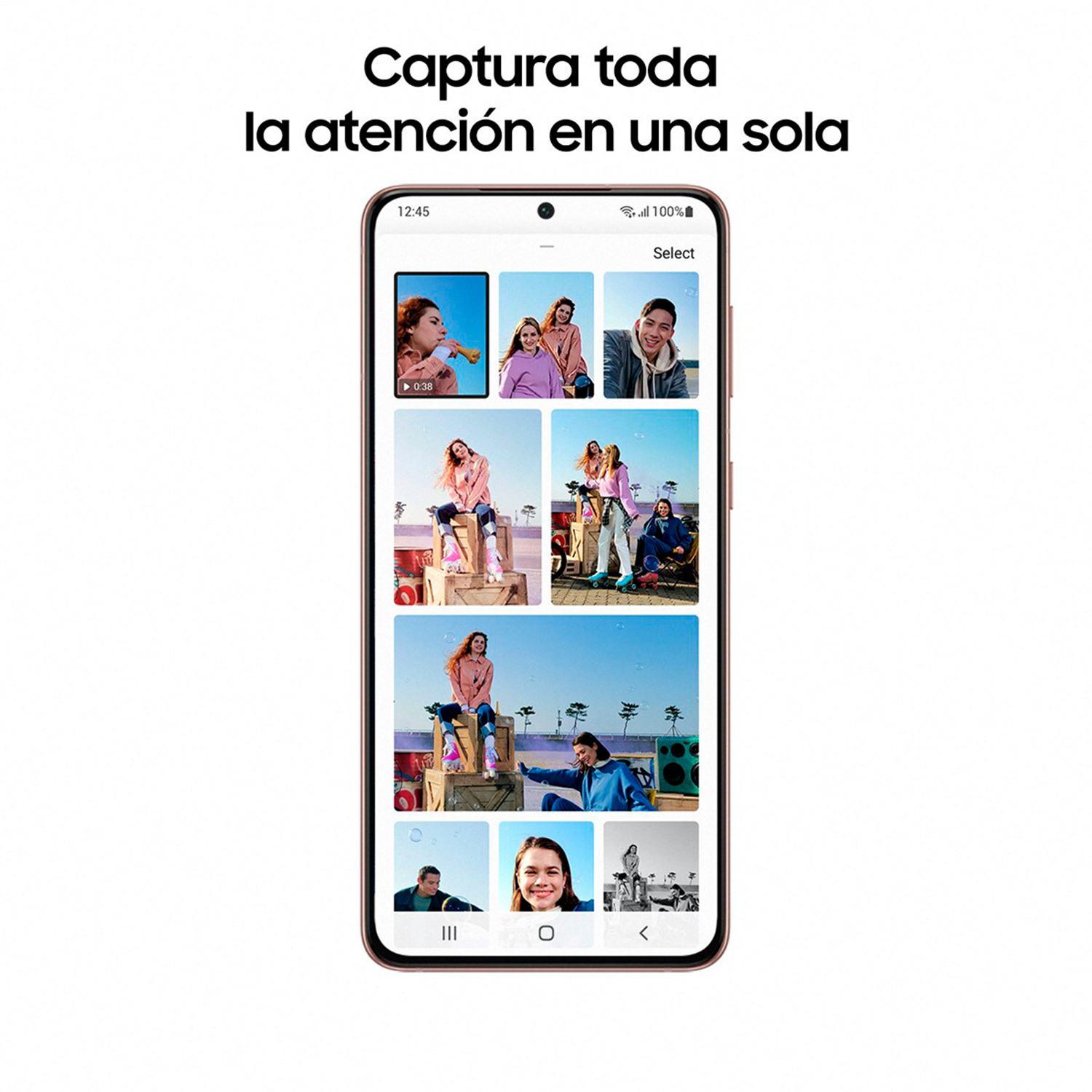 Un smartphone muestra fotos de personas. El texto superior dice: 'Captura toda la atención'.