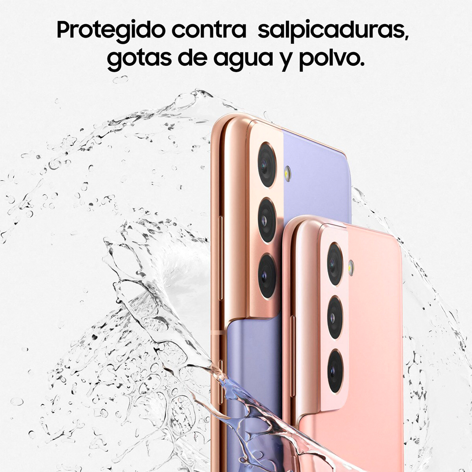Dos smartphones con salpicaduras de agua, uno rosa y otro morado.