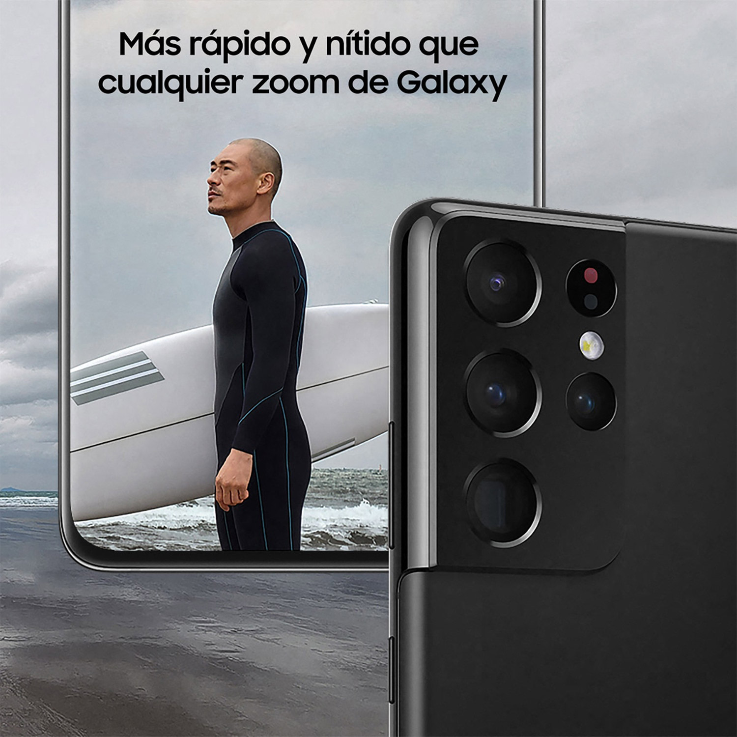 Un teléfono Samsung y la pantalla del zoom, con un hombre sosteniendo una tabla de surf.