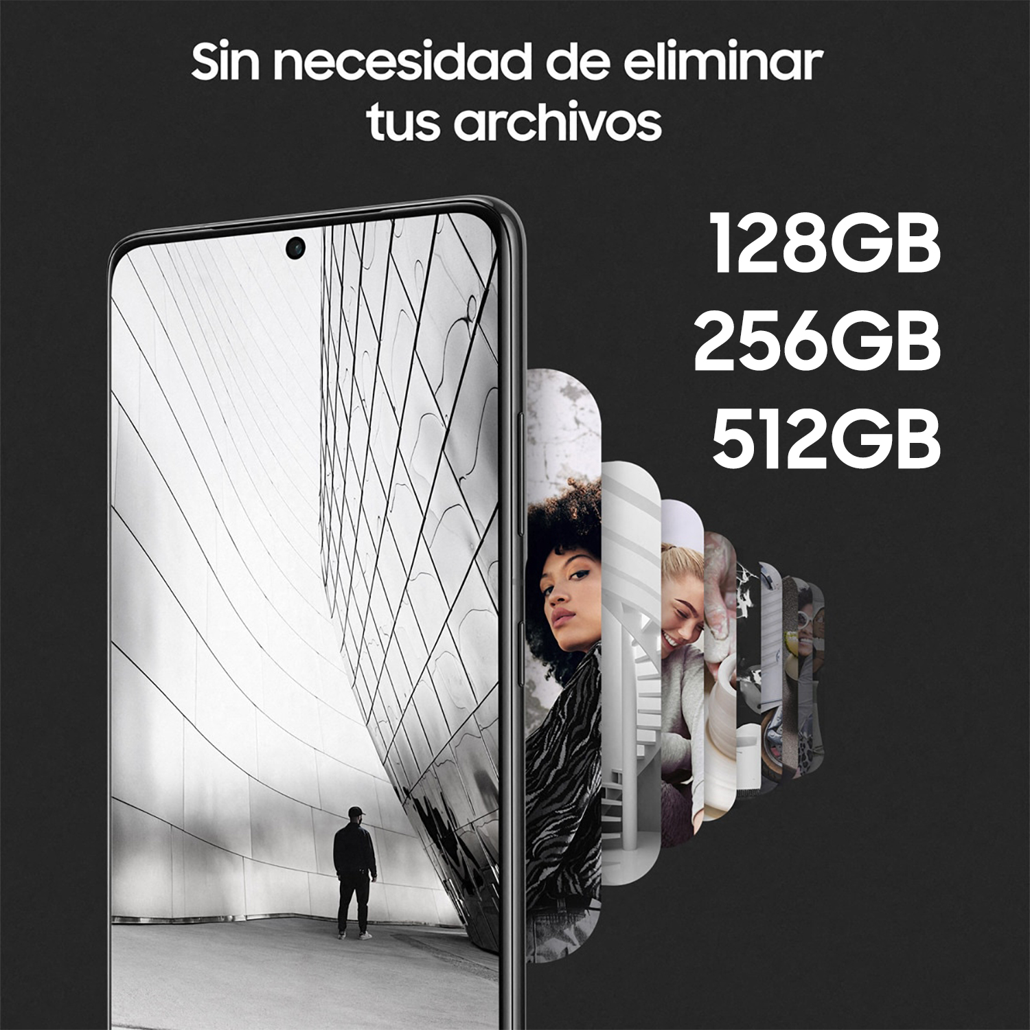 Smartphone con opciones de almacenamiento: 128GB, 256GB, 512GB.