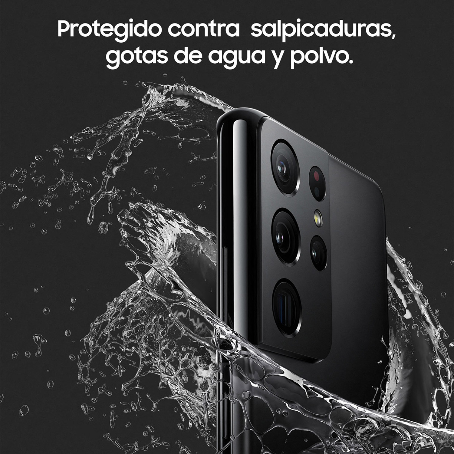 Primer plano de un teléfono negro con salpicaduras de agua. Texto: Protegido contra salpicaduras, gotas de agua y polvo.