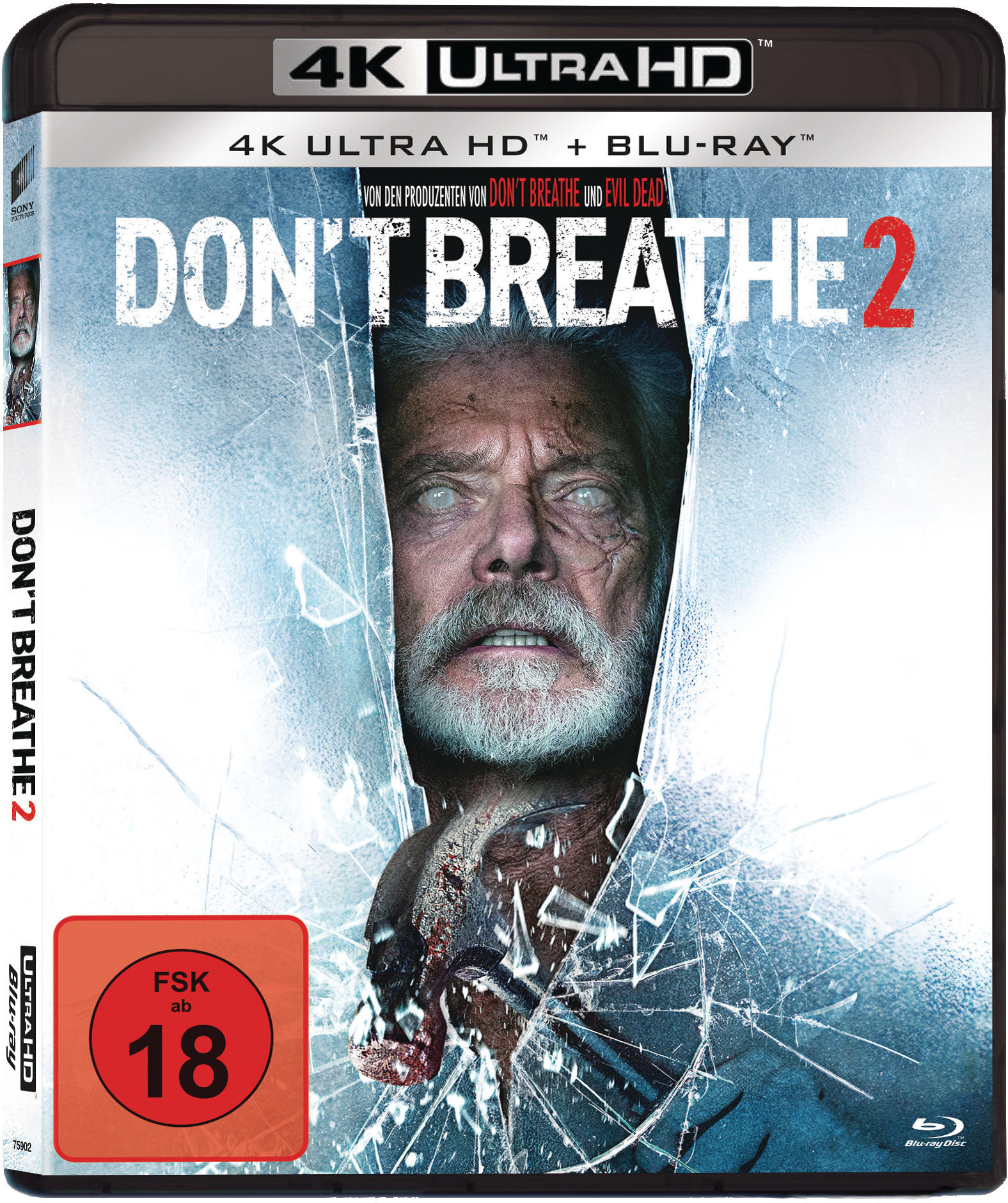 Filmcover von 'Don't Breathe 2', mit einem Gesicht, das Glas durchbricht.