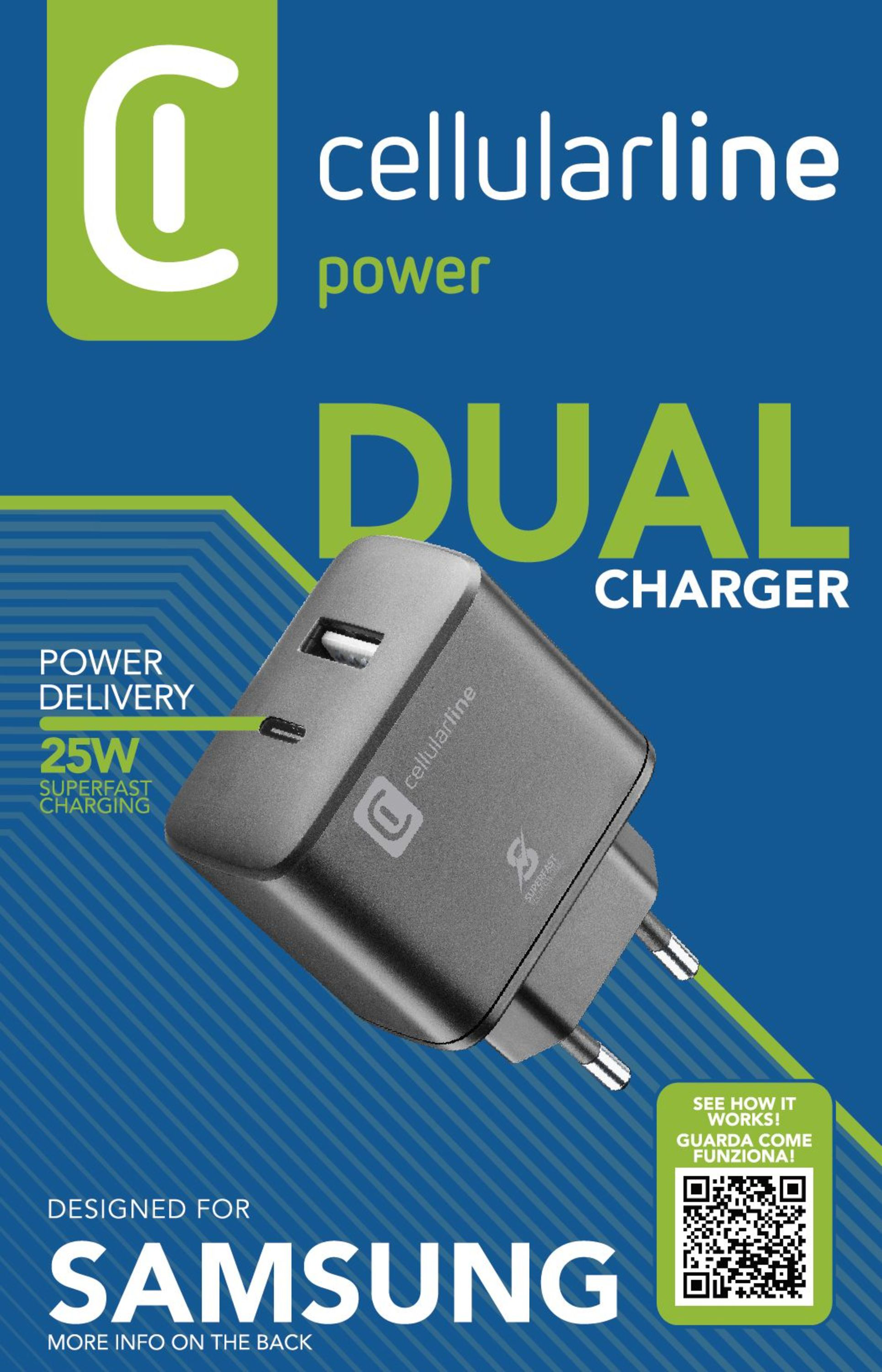 Cellularline Dual-Ladegerät mit USB- und USB-C-Anschluss, für Samsung.