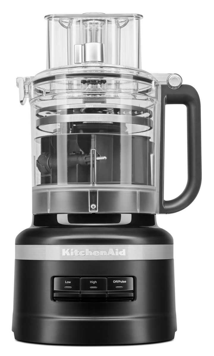 Schwarze KitchenAid Küchenmaschine. Die transparente Schüssel befindet sich oben, darunter Bedienelemente.