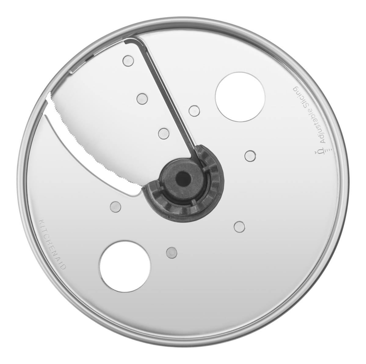 Ein Messer für eine KitchenAid Küchenmaschine. Es ist rund, metallisch und hat eine Schneide.