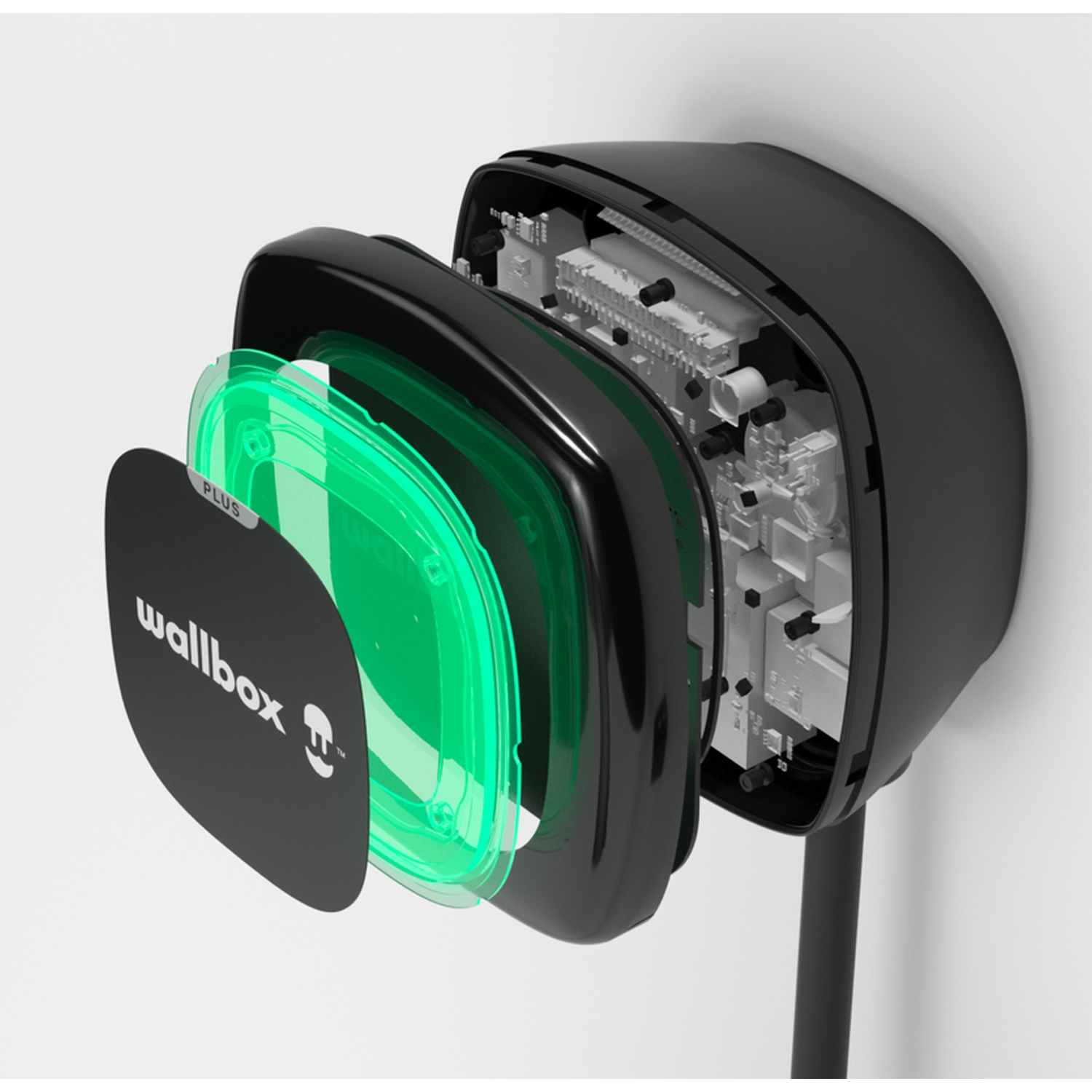 Una vista explosionada de un cargador Wallbox negro que muestra los componentes internos.