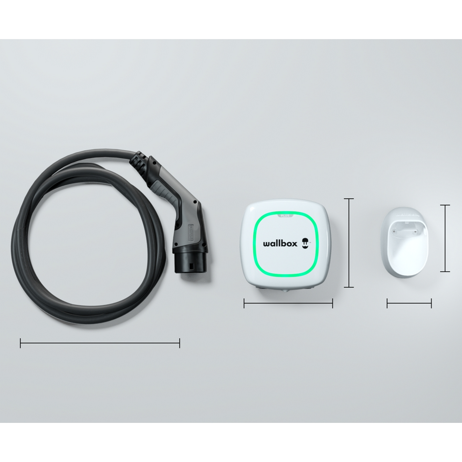 Cargador y cable Wallbox EV blanco con medidas. Fondo gris.