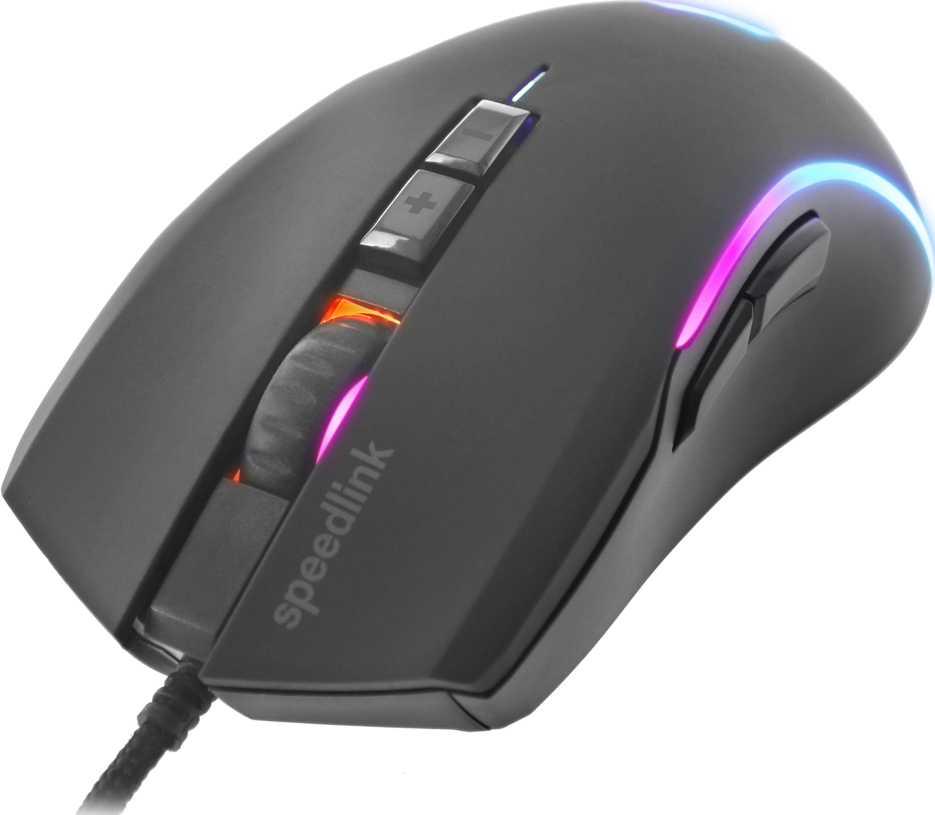 Schwarze Gaming-Maus mit Tasten und Scrollrad, beleuchtet mit RGB-Lichtern.