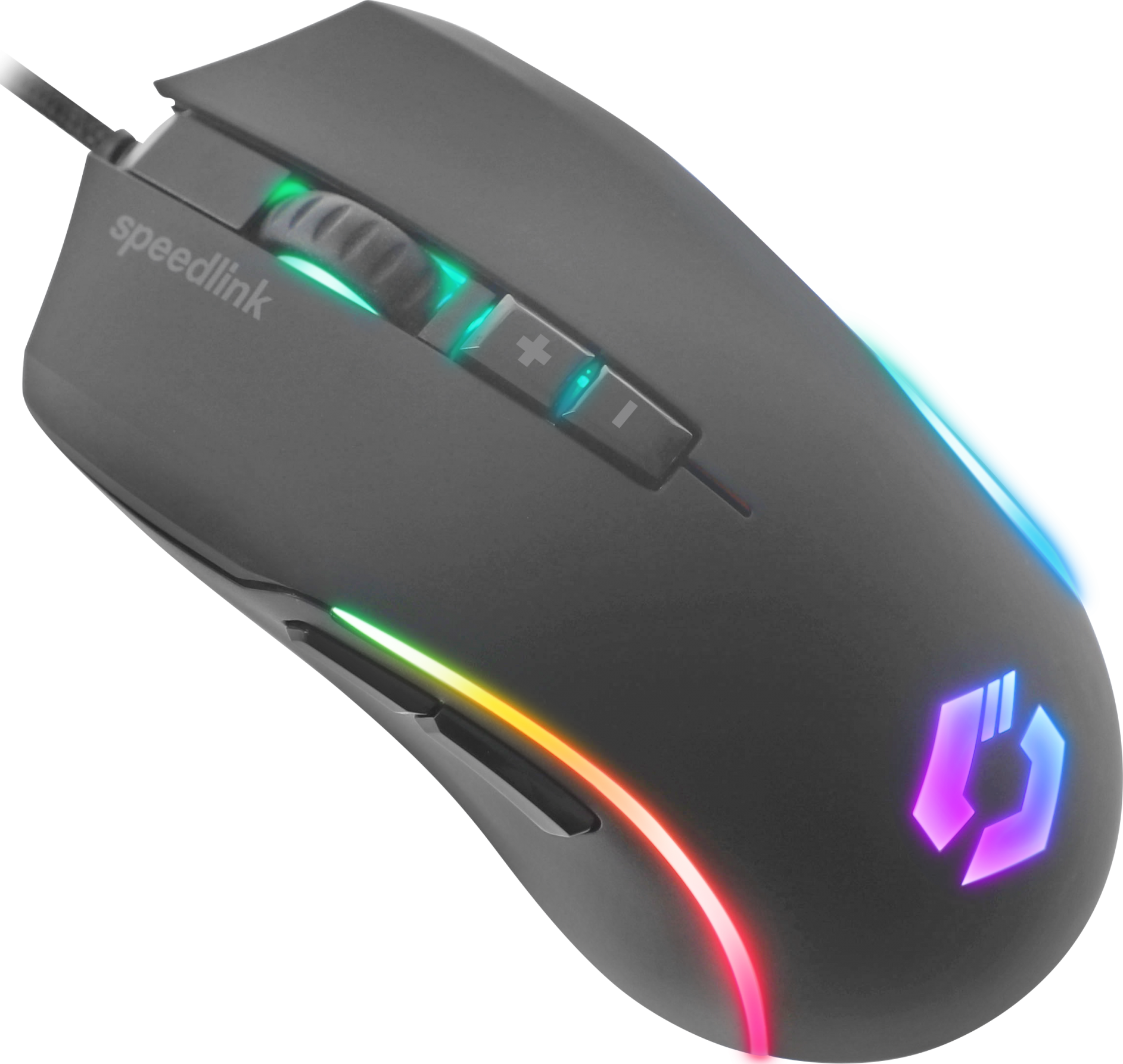Schwarze Speedlink Gaming-Maus. Bunte RGB-Beleuchtung an den Rändern. Plus- und Minus-Tasten.