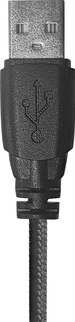Nahaufnahme eines schwarzen USB-Kabels und -Anschlusses. Das USB-Symbol ist auf der Vorderseite sichtbar.