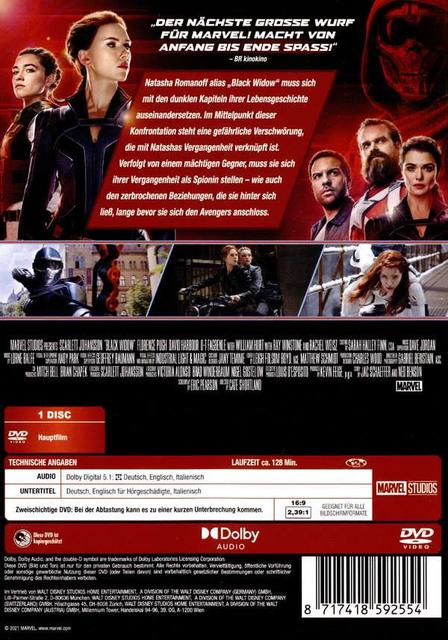 Rückseite einer Black Widow DVD, zeigt Bilder und Text in mehreren Sprachen.