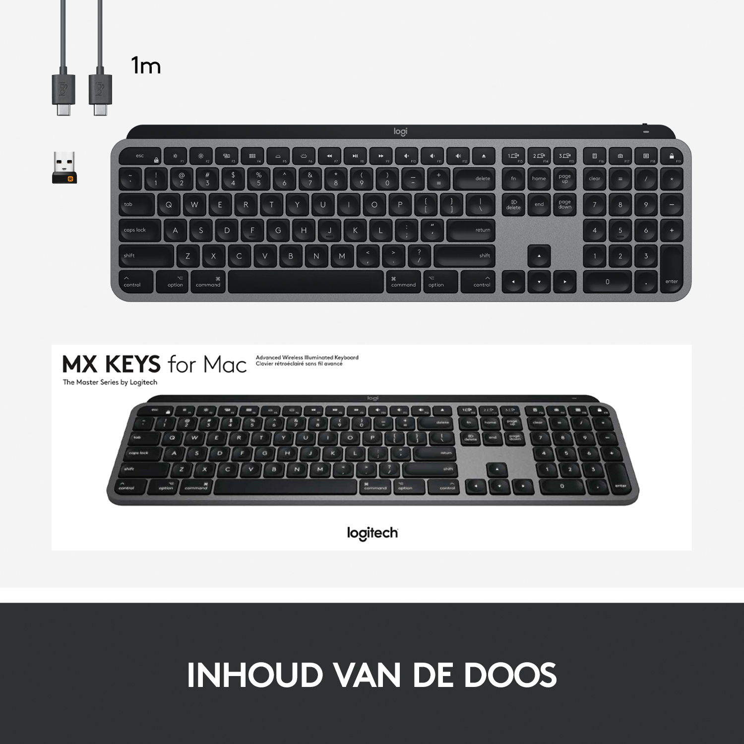 Zwart en grijs toetsenbord met de merknaam Logitech. Kabels en een tweede toetsenbord zijn ook zichtbaar.