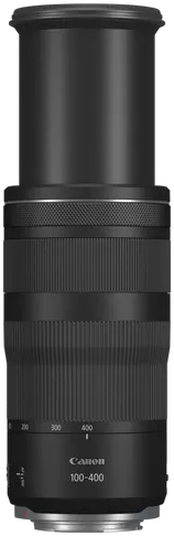 Schwarzes Canon 100-400mm Kameraobjektiv, zylindrische Form, auf weißem Hintergrund.