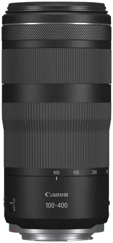 Schwarzes Canon 100-400mm Kameraobjektiv. Es hat mehrere gerippte Ringe und eine Brennweitenskala.